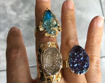 Druzy rings, angelaura quartz ring, boho jewelry