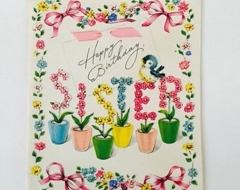 Sister Birthday Card Unused / Vintage Happy Birthday Embossed Card Flowers Unsigned, unused 1940-1950 with envelope