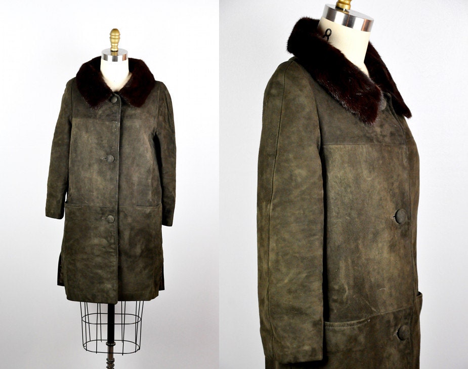 Vintage Fur Coat / Leather Coat / Fur Collar Coat / Suede