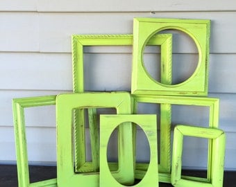 Lime Empty Frame Collection - Open Wall Frame Gallery - Set of 7 Wooden Frames