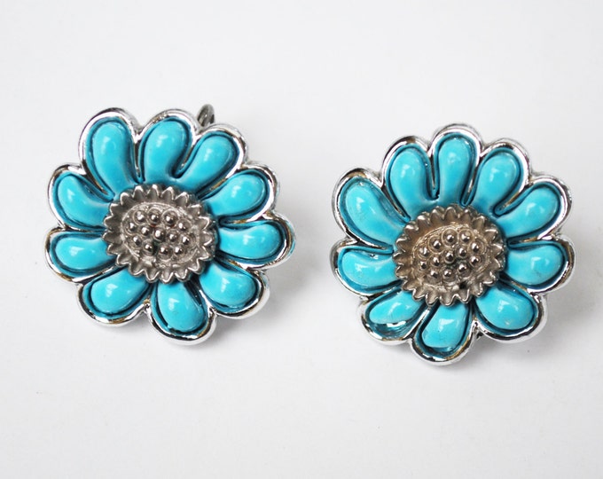 Coro clip on Earrings Blue Thermoset silver Flower Mid Century