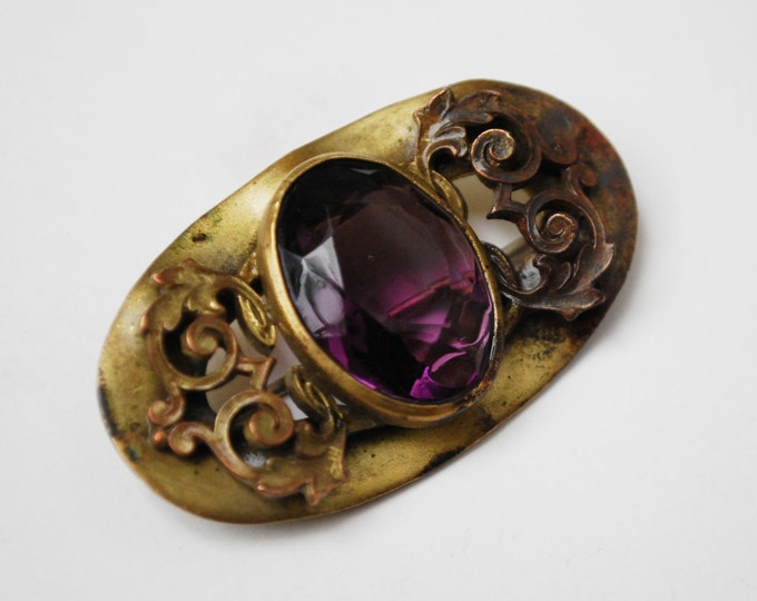 Bar Brooch -Purple Amethyst Glass - Gold filled - c-clasp - filigree leaf design