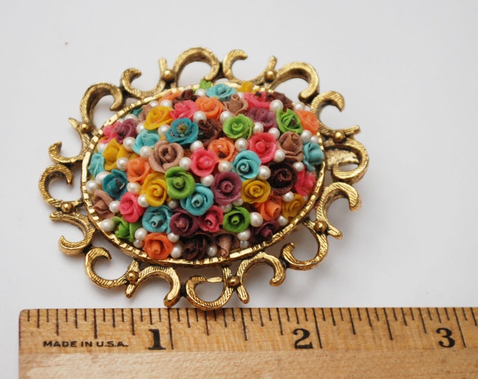 Colorful Flower Brooch Pendant - celluloid plastic flower- domed ceramic - pearl- gold tone