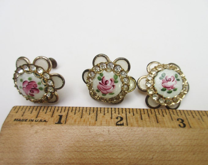 Guilloche Enamel Brooch and Earring Set - Rhinestone and Pink Rose Flower -Gift for her