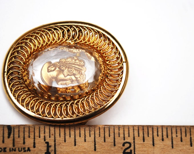 intaglio cameo Brooch - reversed Carved - Roman bust with Gold plated twisted Coil wire - Crystal pin