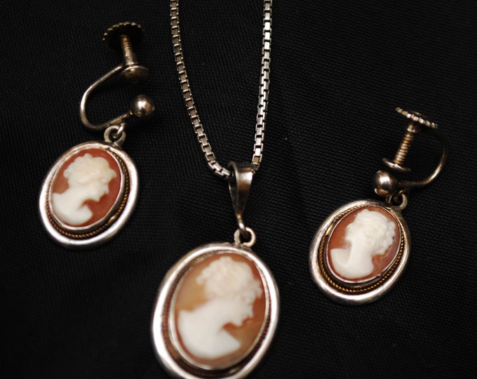 Shell Cameo 800 Silver Necklace and earring set. screw back earrings pendant on sterling Italy box chain