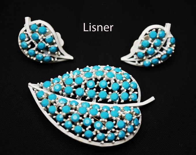 Lisner Leaf Brooch and earring Set Light Blue glass Rhinestone and white enamel Mid Century