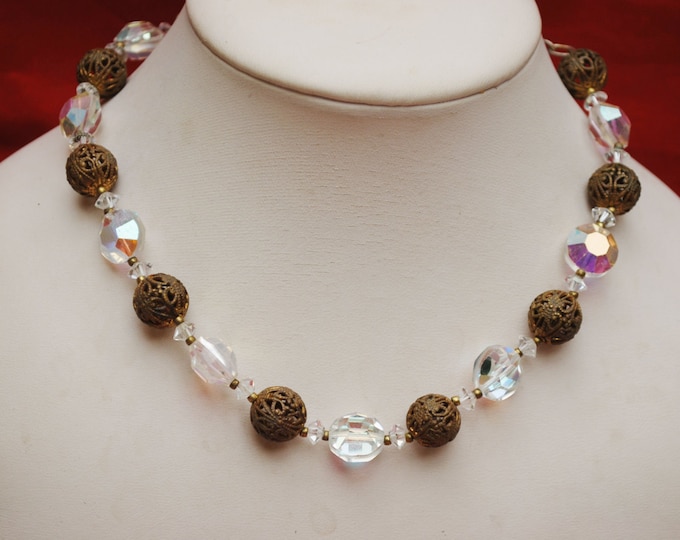 Lisner Crystal Necklace with gold brass filigree bead choker collar necklace Aurora borealis Galss