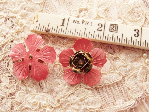 Vintage Petal Pink Enameled Layered Metal Flower Findings