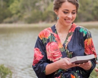 Code: D-21 Navy Blue Floral Kimono Crossover patterned Robe Wrap - Bridesmaids gift, getting ready robes, Bridal shower favors, baby shower