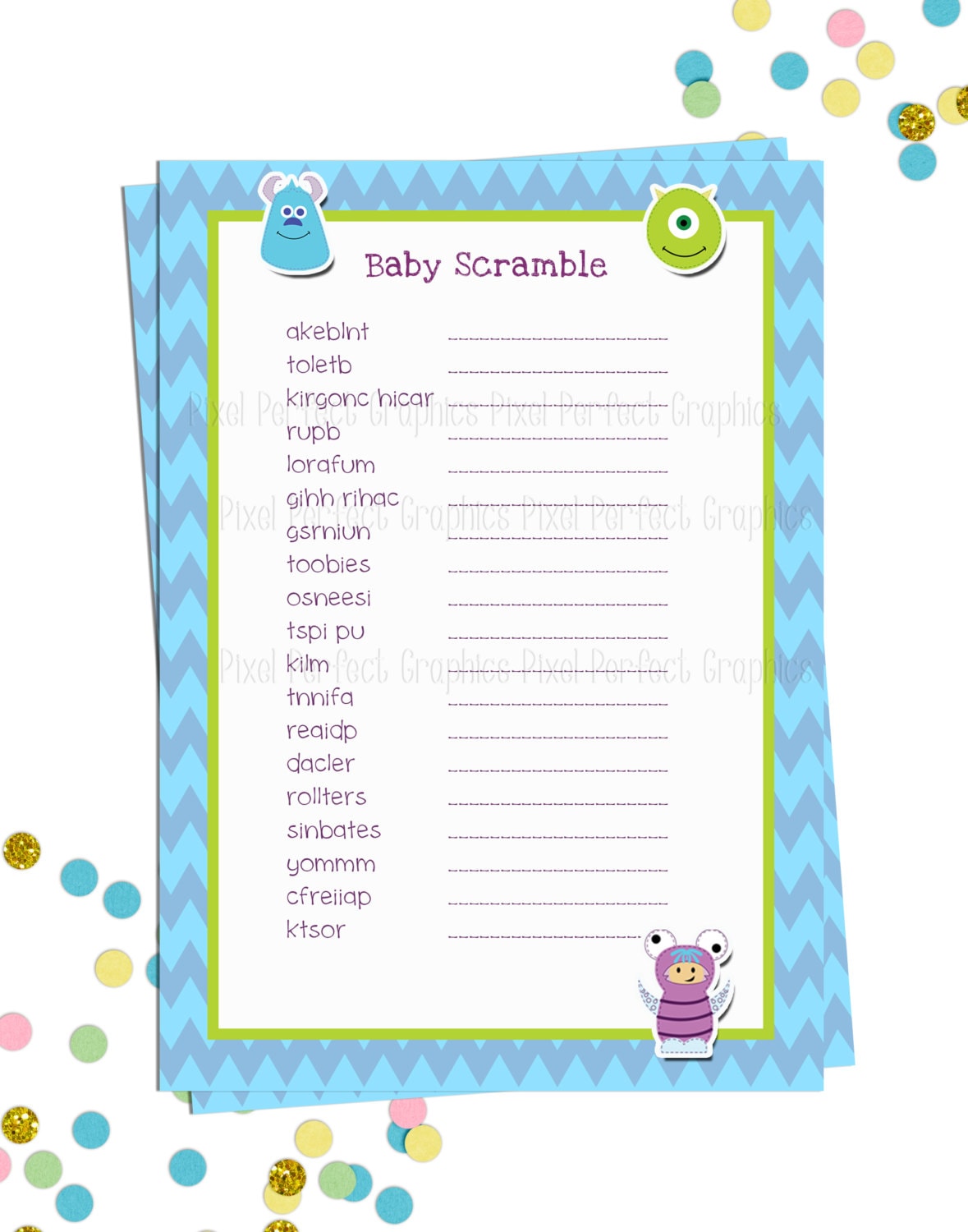 Monsters Inc. Themed Baby Shower Baby Scramble Game Printable