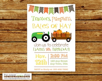 Tractors, Pumpkins, Bales of Hay Birthday Invitation | Green Tractor and Pumpkins Invitation | Fall Birthday Invitation | Tractor Invite