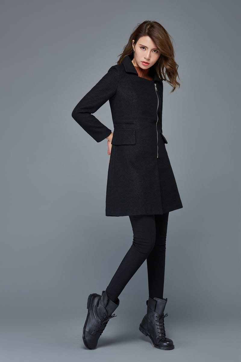 Women's Black Peacoat Modern Designer Wool Short