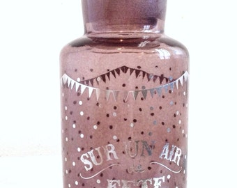 FRENCH VANITY Amethyst Purple Glass Sur Un Air de Fete Silver Polka Dot Sparkle Garland Vintage Apothecary Bottle Nouveau Deco Carnival