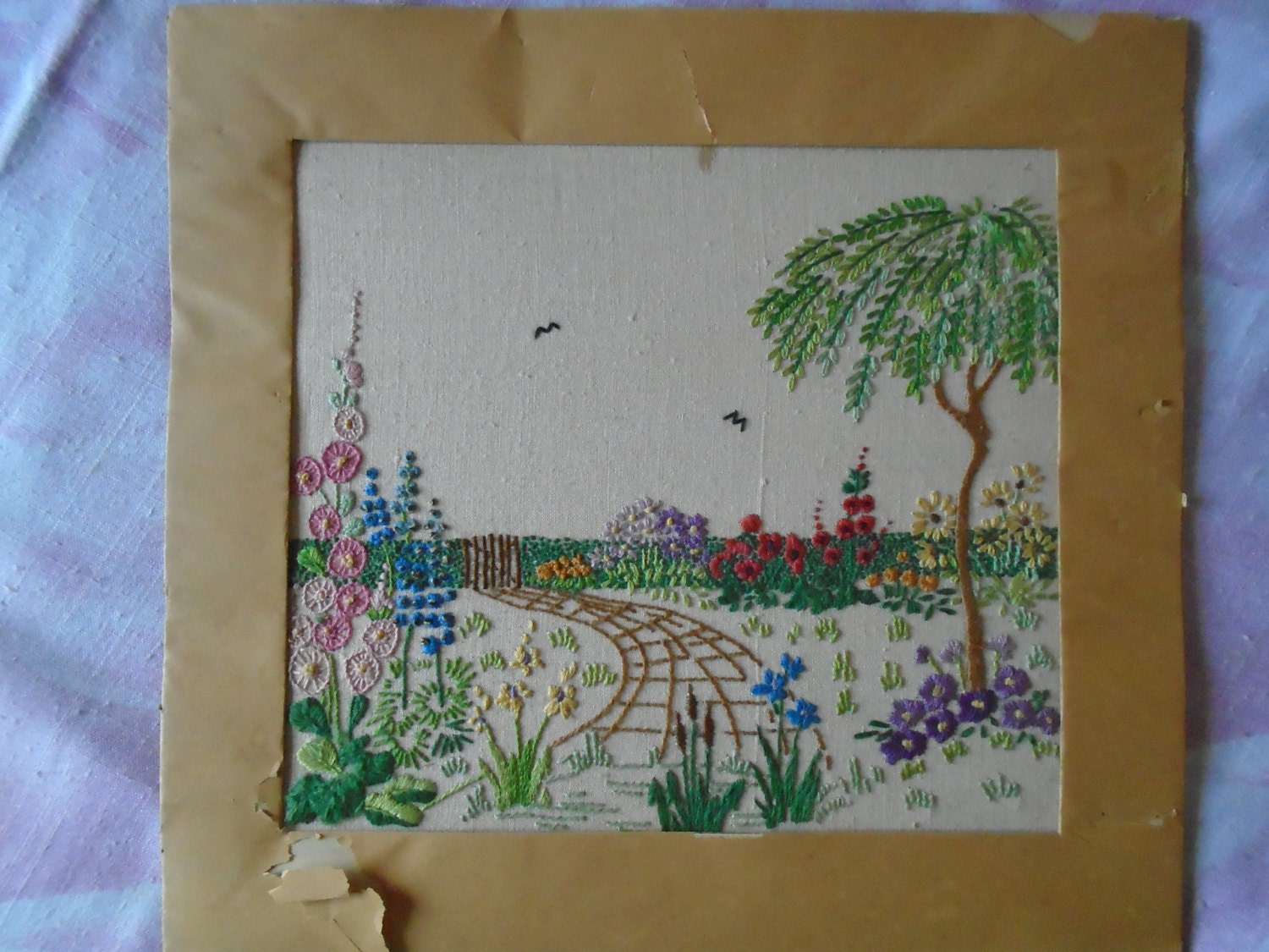 Vintage Hand Embroidered Garden Scene Picture abt 12 by