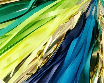 Rainforest Tassel Garland - Green, Blue, Turquoise, Gold Tassel Garland - Jungle Party Decor, Boy's Birthday Party, Rainforest Party Decor