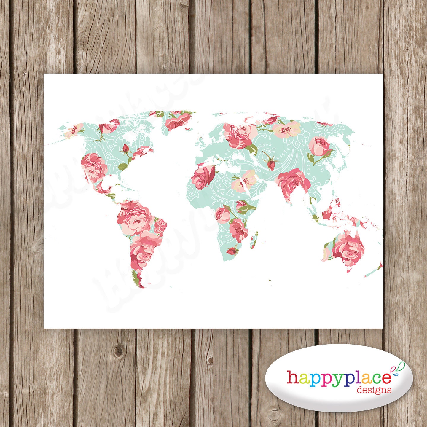 Girly Wall Art Feminine world map Large Map print. Mint