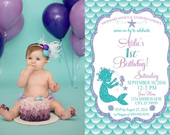 ON SALE Baby Mermaid Birthday Invitation, Mermaid Party Invite Under the sea mermaid glitter first birthday 1st birthday photo