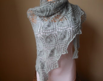Lace shawl mohair yarn light grey, hand knitted, triangular shawl