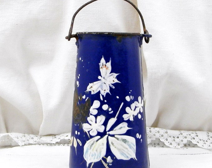 Antique French Early Enamelware Blue with White Hand Painted Flower and Butterfly Pattern Milk Pail / Churn, French Enamel Country Decor