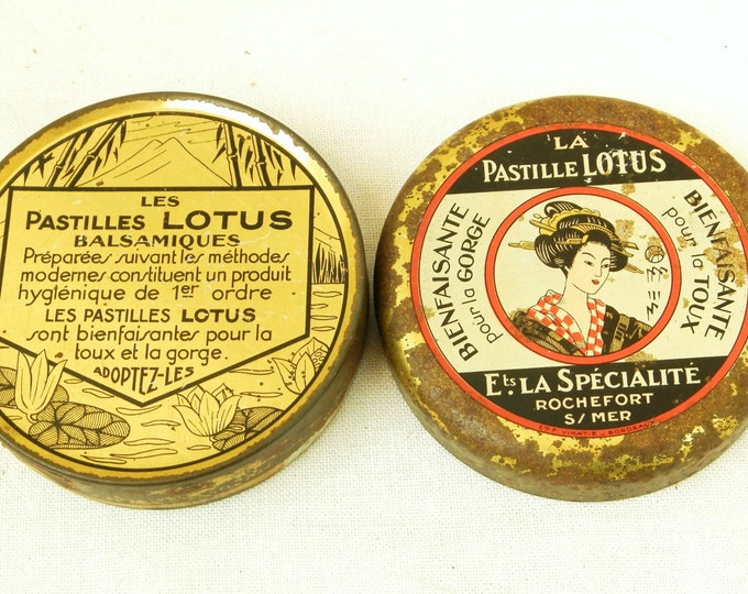 Antique French Metal Tin for "La Pastille Lotus" Medical Candy / French Decor / Vintage Retro Gift / Apothecary / Medical / Box / Japan Antique French Metal Tin for "La Pastille Lotus" Medical Candy / French Decor / Vintage Retro Gift / Apothecary / Medical / Box / Japan
