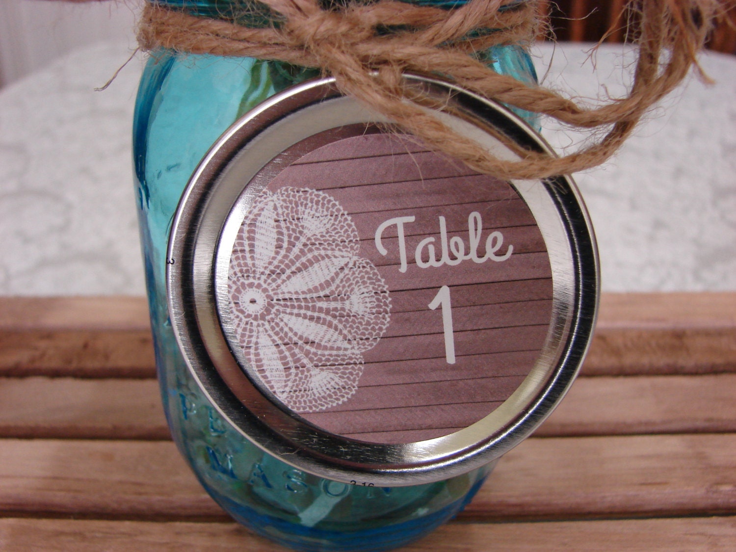 Mason Jar Lid Table Numbers Wood and Lace Design