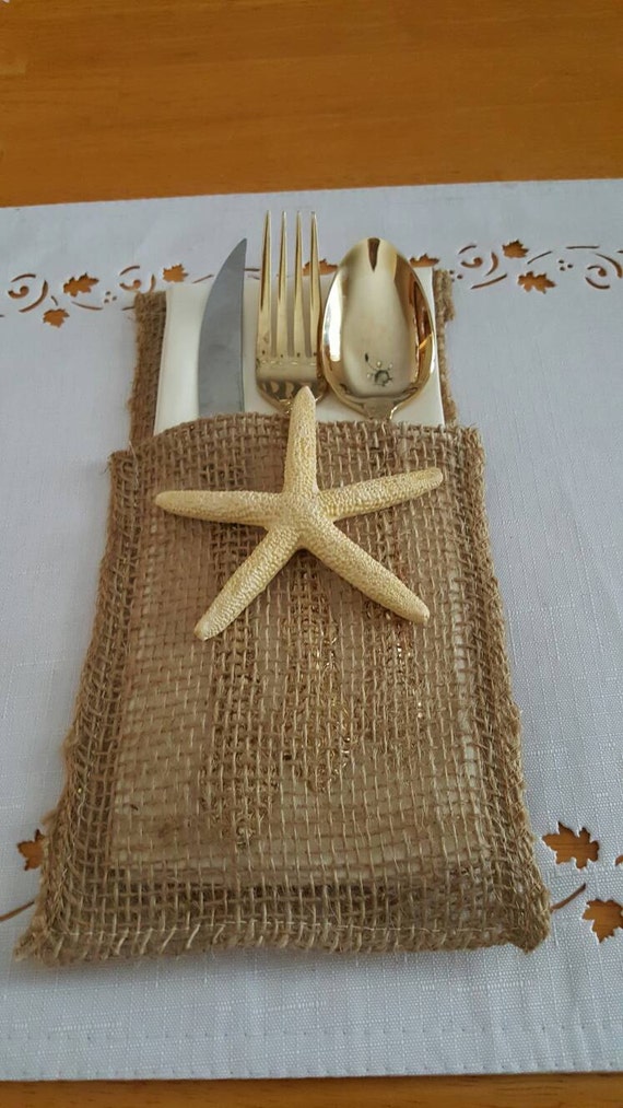 Burlap place setting utensil holder Starfish wedding. Made
