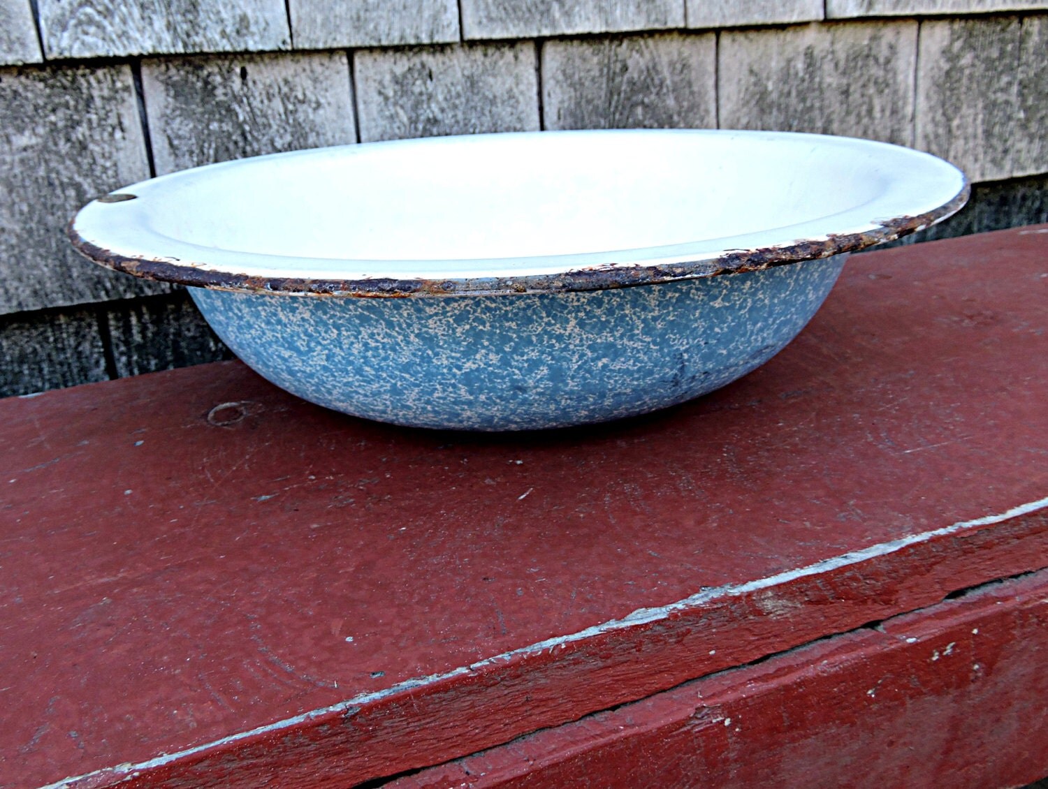 Graniteware Tub Vintage Enamel Basin Blue Enamelware Pan