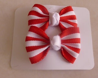 Red and white stripe set of 2 small bows for little girls
