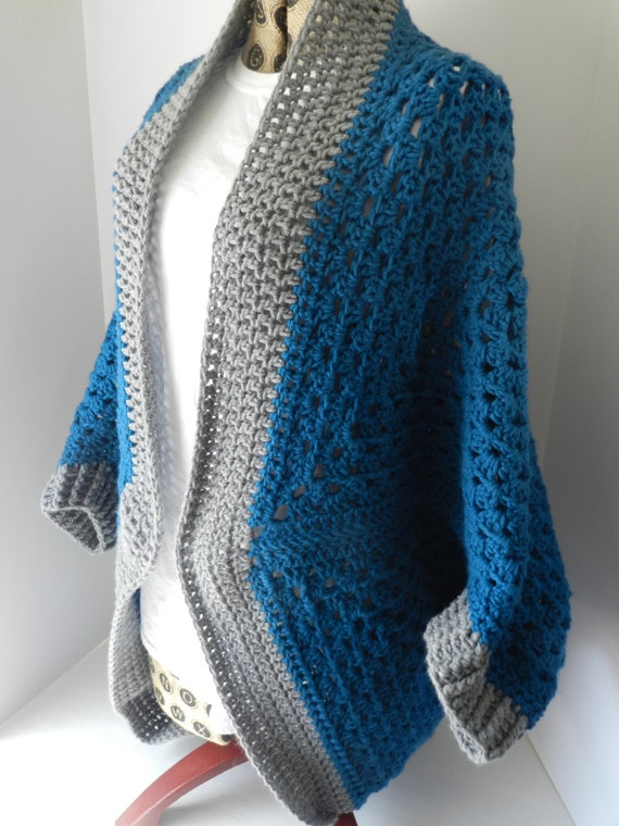 Crochet Granny Cocoon teal grey shrug cardigan by FrayedByChance