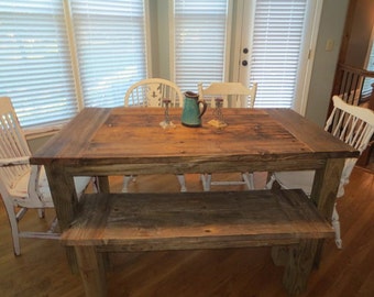 Aged and Weathered Wooden Farmhouse Dining Table and Bench Combos made from aged wood