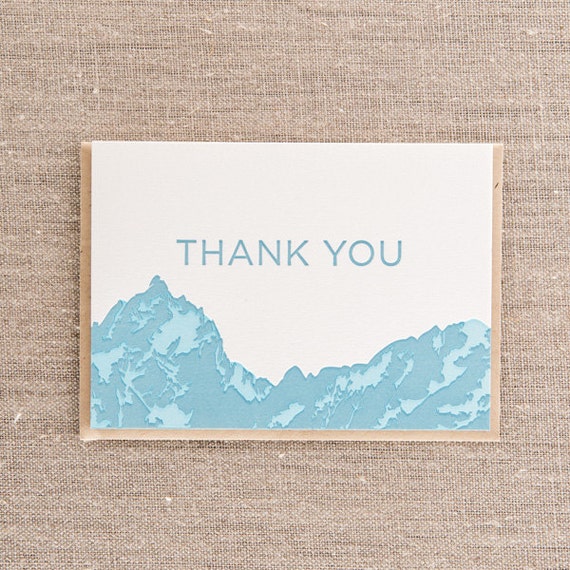 Thank You Mountains Blue Letterpress Greeting Card