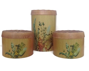 Mid Century Kitchen Canisters Vintage Kitchen Storage Cheinco Metal Canisters 1970's Retro Kitchen Decor Faux Wood Grain-Wildflowers Floral
