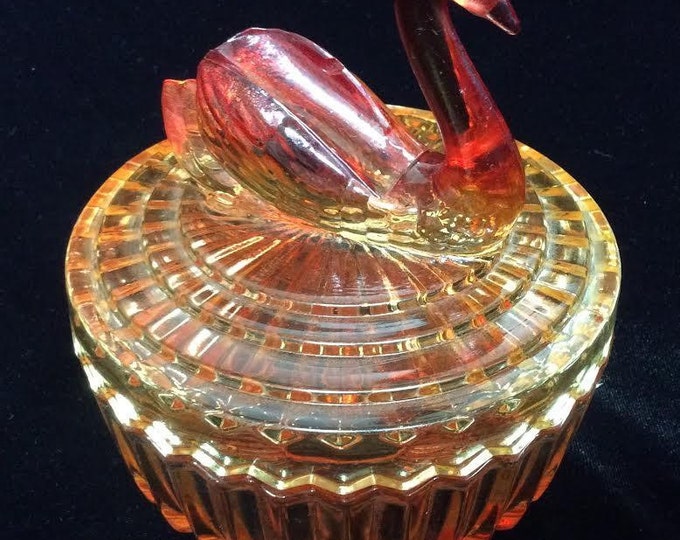 Jeannette Glass Swan Vanity Powder Box with Lipstick Holder Amberina