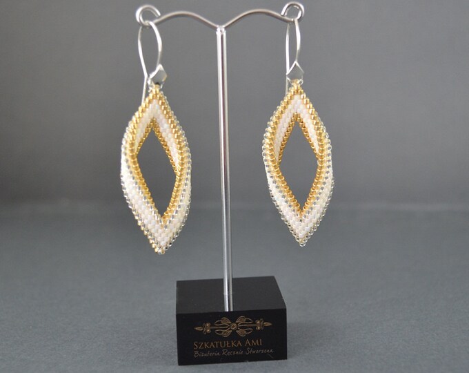 Golden earrings white earrings silver earrings long earrings woven earrings elegant earrings hanging earrings beads earrings wedding