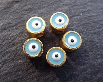 5 Mini 5mm Sky Blue Lucky Evil Eye - 22k Matte Gold Plated