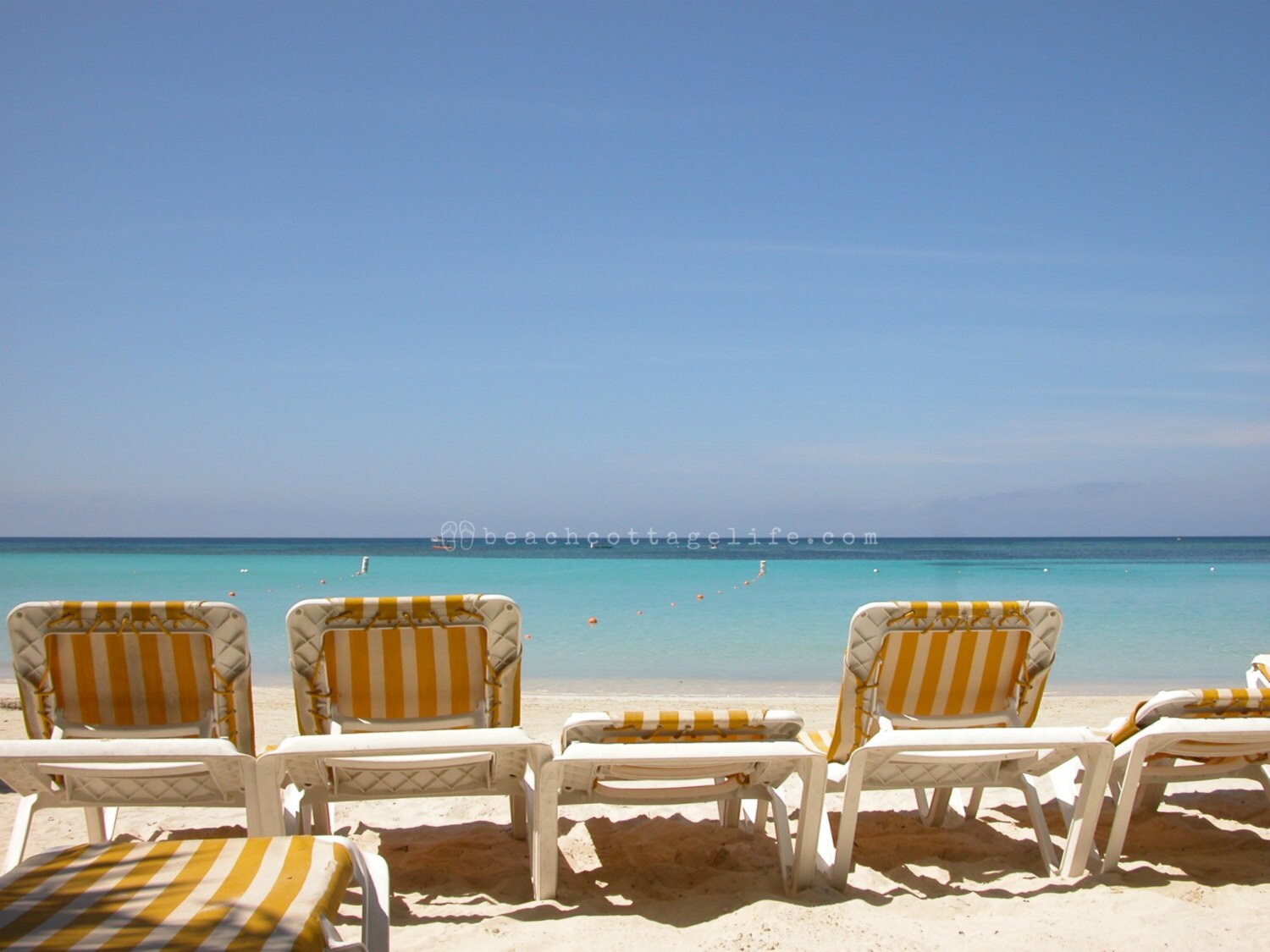 Yellow Beach Chairs Cabana Stripe Caribbean Blue Bright Deck