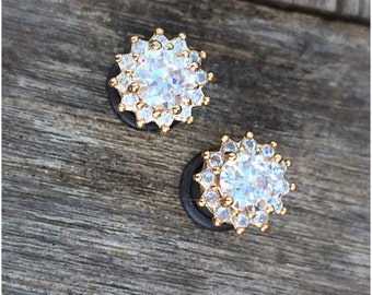 Pair 24k gold plated Faceted clear zircon crystal plugs for gauged ears: 6g (4mm), 4g (5mm), 2g (6mm), 0g (8mm)