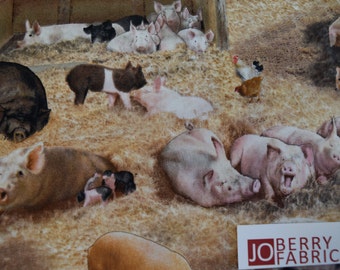 Pig Fabric, Farm Pig Animals by Elizabeth Studio, Quilt or Craft Fabric, Fabric by the Yard.