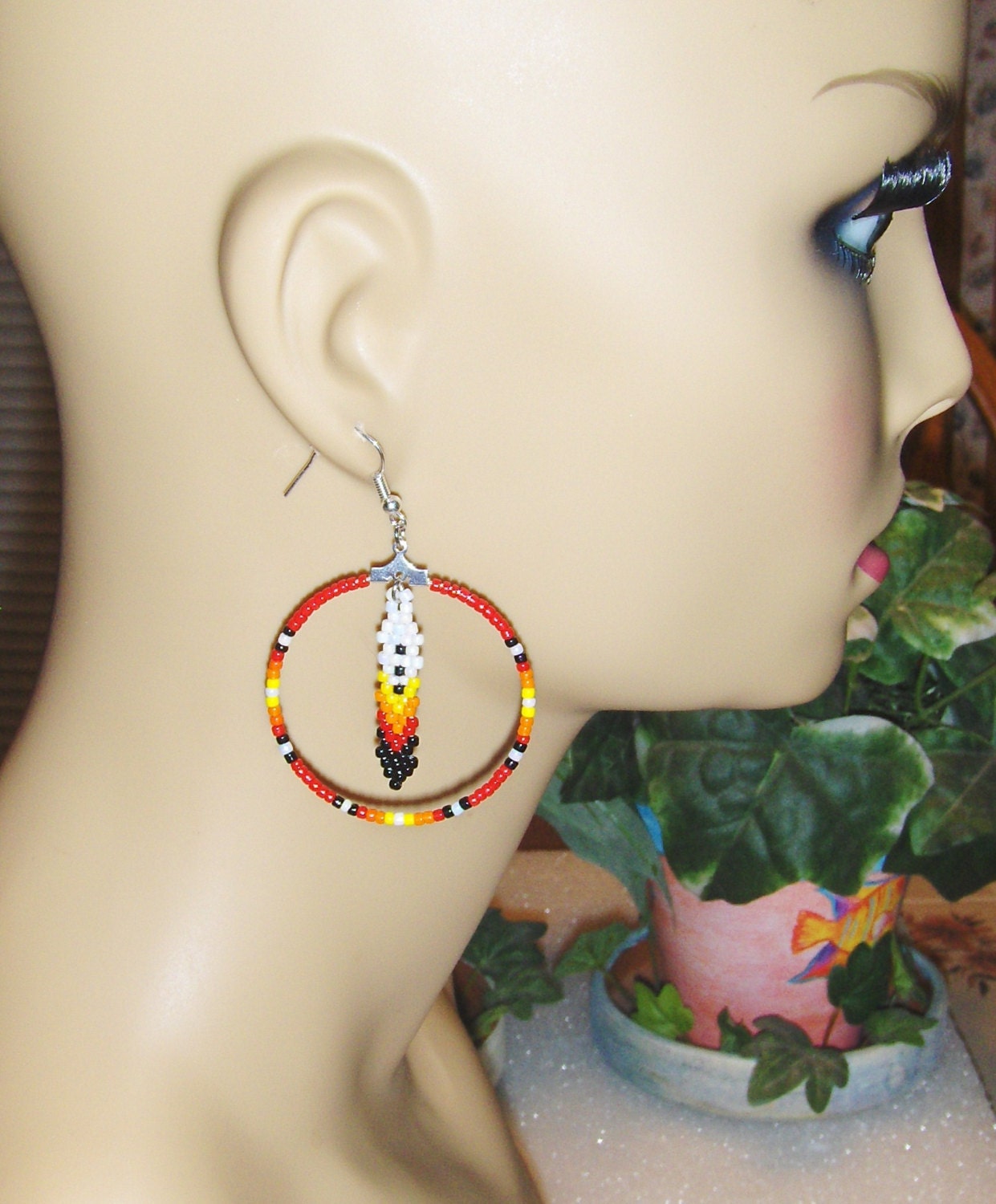 Beaded Hoop Earrings With Beaded Feather by TheBeadedDiamond
