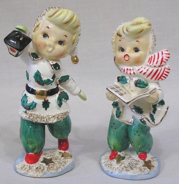 Vintage Geo. Z. Lefton Christmas Pair Holly Boy and Girl