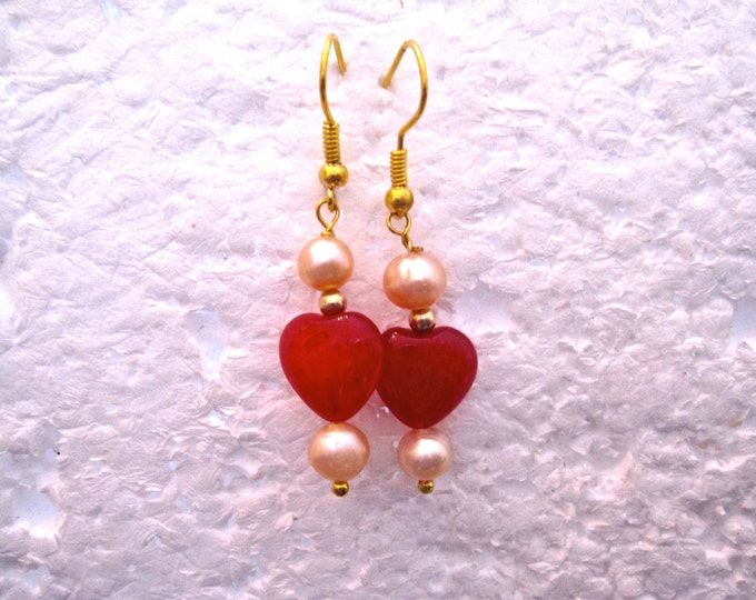 Ruby and Pearl Dangle Earrings, Approx. 2 Inches, Gold Plate, E903