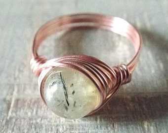 Prehnite Ring, Rose Gold Gemstone Ring, Wire Wrapped Ring, Green Stone Ring, Prehnite Jewelry, Birthday Gift, Unique Ring, Gift for Mom