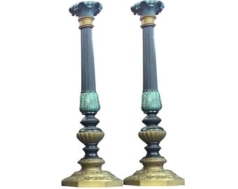 Antique Pair Architectural India Carved Brass Candle Stands Holder ~ Accents Vintage Decor