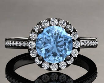 Aquamarine Halo Engagement Ring Aquamarine Ring 14k or 18k Black Gold Matching Wedding Band Available W20AQUABK
