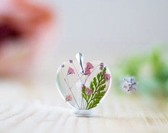Pink Real Flower Necklace - Pink Gypsophila Green Fern , Gifts for Her , Pressed Flower Necklace , Wildflower Necklace , Resin Pendant