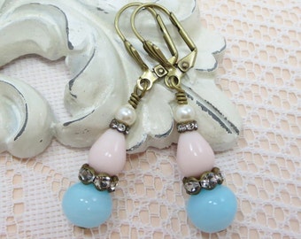 Pink Aqua Blue Earrings Shabby Chic Assemblage French Flea Market Jewelry