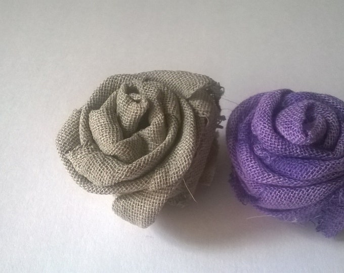 2 Burlap Groom's Boutonniere with Purple Flower, Rustic Wedding, White Bow,