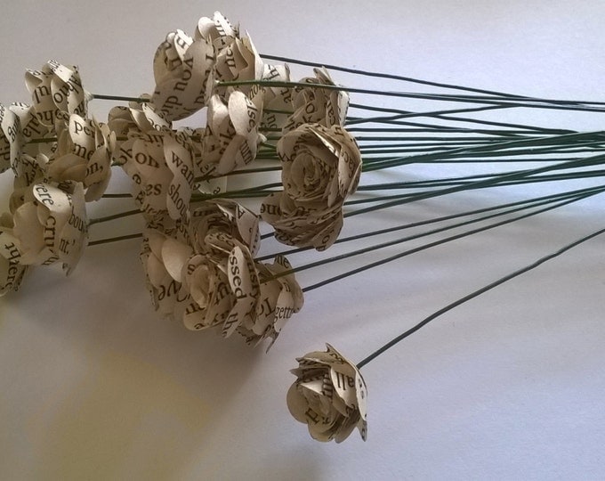 25 Small Book Page Rolled Roses with Stems,Wedding Decoration, Wedding