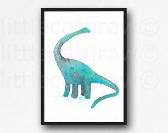 Dinosaur Print Diplodocus Watercolor Painting Teal Green Art Print Illustration Wall Art Dinosaur Nursery Art